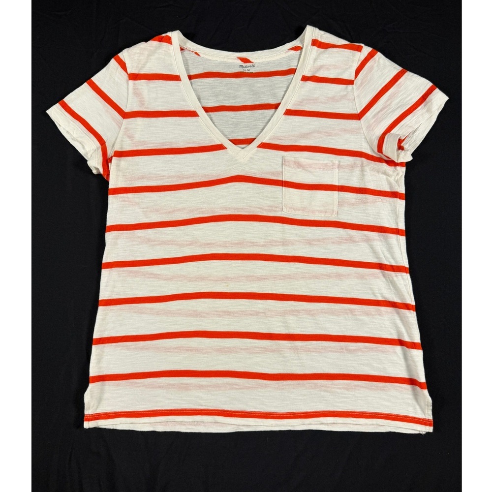 Madewell Womens V-Neck Striped Short Sleeve Pocket Tee White Orange Size M